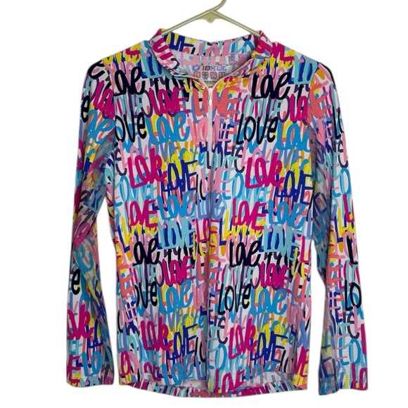 IBKUL Love Print Mock Neck Sun Shirt XS Mesh Underarm Cooling Athleisure - Picture 2 of 5